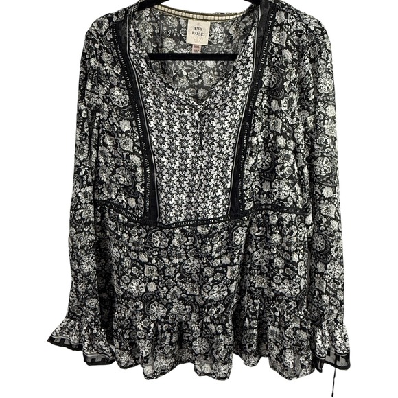 Knox Rose XXL Blouse Black White Floral Long Sleeve Peasant Top Boho Chic NWT - Picture 1 of 8